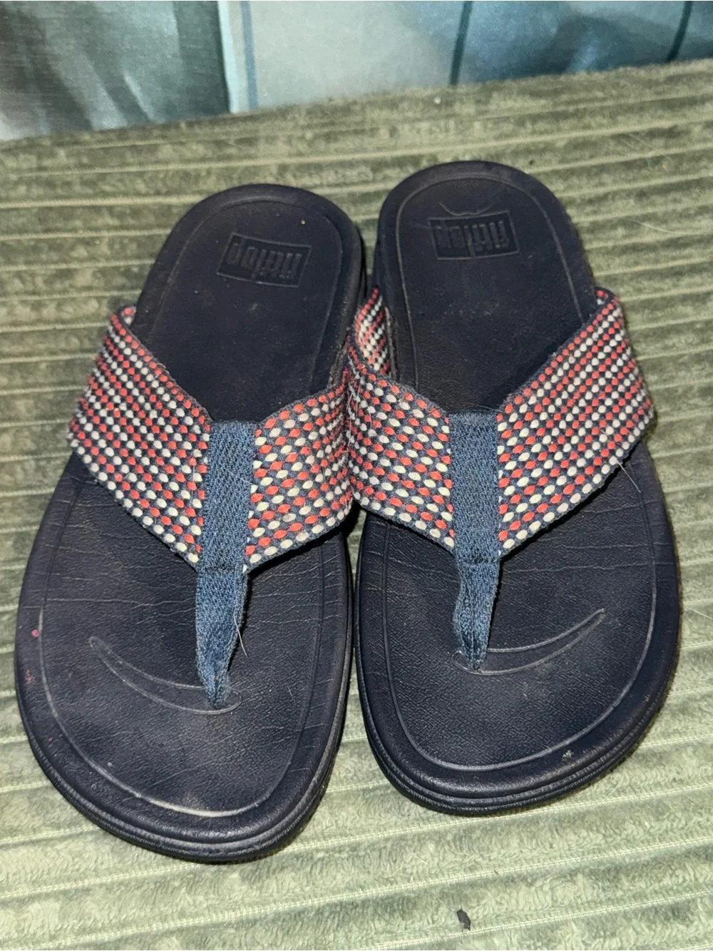 Fitflop Women's Black Sandals with Red and White Woven Straps